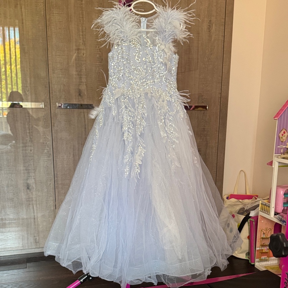 Girls Mac Duggal Glitter Tulle Feathered Gown in Ice Blue
